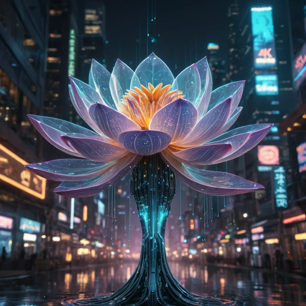 A hyperrealistic, 4K portrait of a sentient, levitating, neonlit holographic lotus, its ethereal form pulsating with intricate, bioluminescent fractal patterns, set against a sprawling, cyberpunk metropolis at dusk, with volumetric lighting casting dramatic shadows and emphasizing the lotuss dynamic, fluid movements, and a subtle, warm bokeh effect creating a sense of isolation and mystery.
