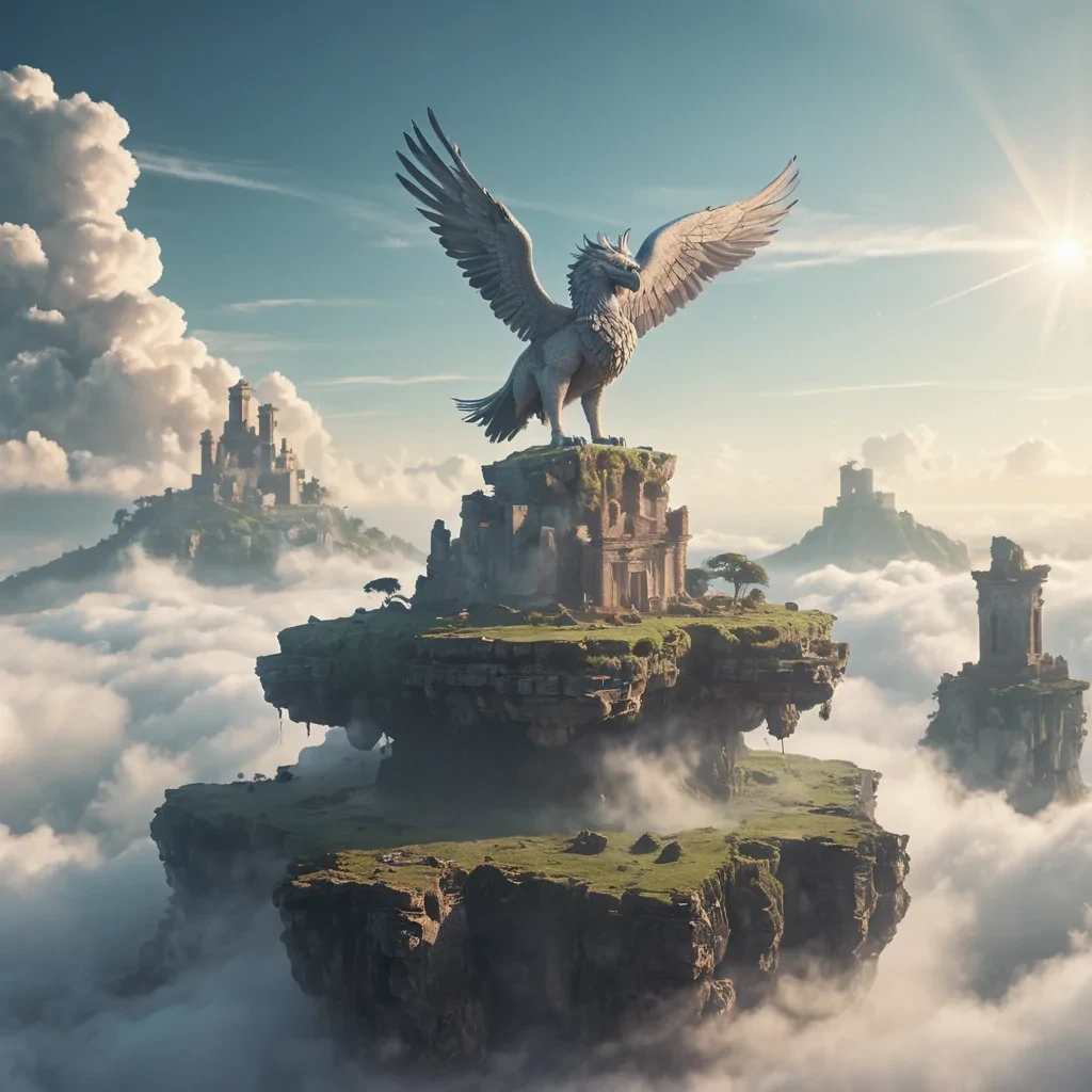 A surreal, levitating island floating above a sea of clouds, with ancient stone ruins and a lone, majestic griffin perched atop, hyperrealistic, 4K, cinematic lighting, volumetric lighting, atmospheric effects, dynamic lighting, bokeh effect, soft focus, lens flare, pastel tones, detailed textures.