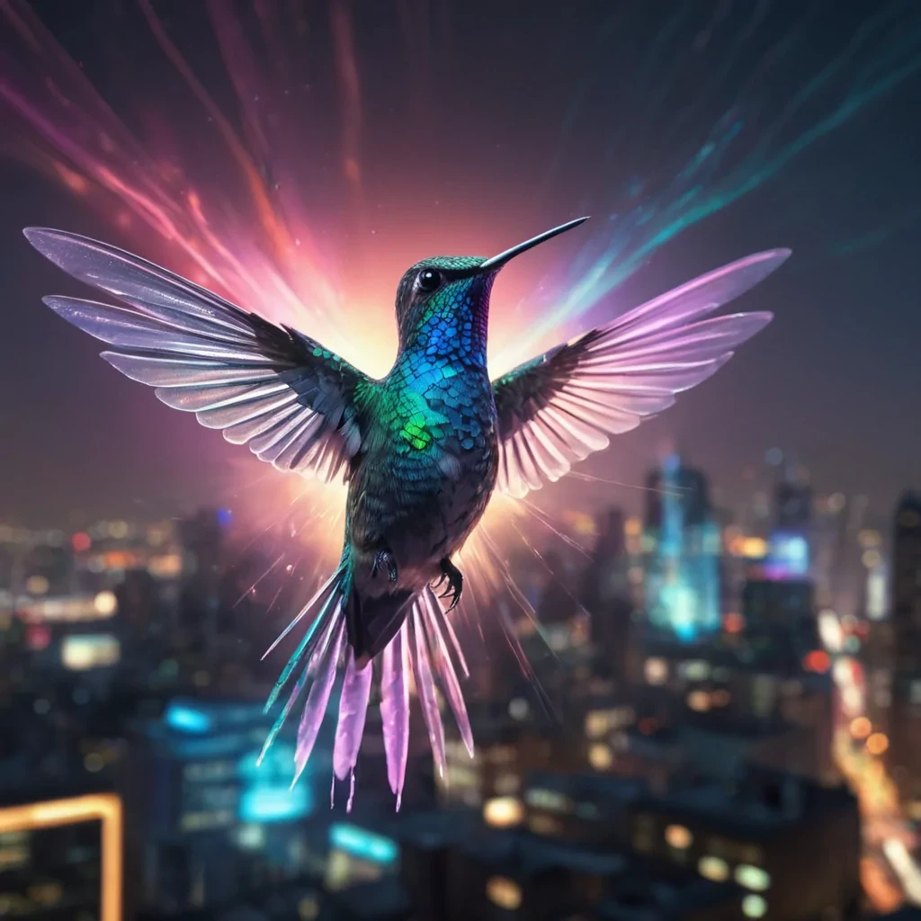 Ephemeral Echo A hyperrealistic, Ultra HD, bioluminescent hummingbird hovers amidst a cinematic, neonlit metropolis, its detailed, iridescent feathers casting intricate, atmospheric shadows across the urban landscape. The birds dynamic, volumetric lighting pulsates with a vibrant, pastel spectrum, creating a soft, ethereal bokeh effect that dances with the citys lens flare, as it echoes the rhythm of the metropolis unseen, pulsating heart.