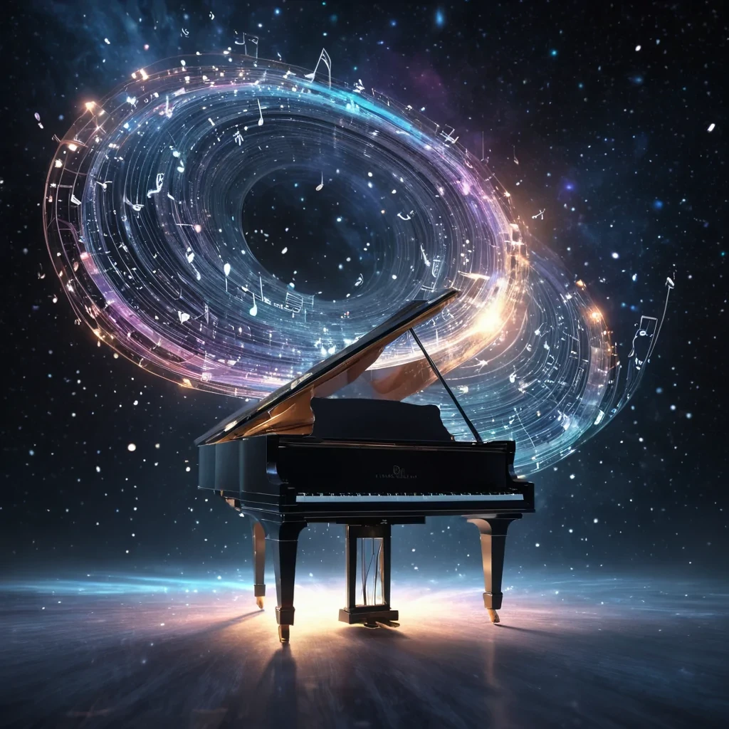 An opalescent, levitating grand piano, its keys playing a symphony of stardust, suspended in a void of swirling, nebulalike melodies. A lone, ethereal, humanoid figure, composed entirely of interwoven, pulsating musical notes, conducts the celestial performance. Ultra HD, cinematic volumetric lighting, atmospheric lens flare, vibrant cosmic colors.