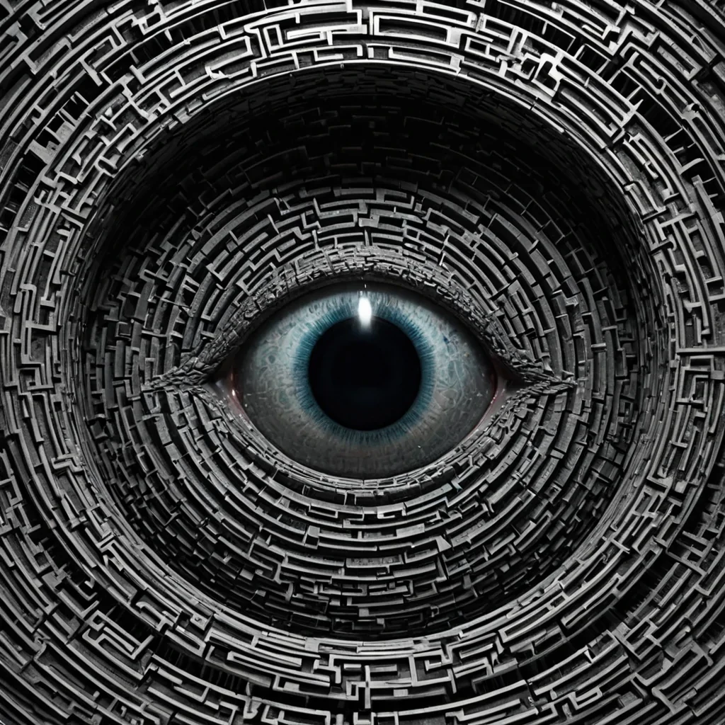 A single, selfoscillating node of reversed perception, shaped like a 347dimensional mosaic of unformed sight and inverted awareness, flickers at the center of a vast, inverted mirrorlabyrinth of solidified blindnesseach reflective surface carved from the exact moment between an eye opening and its refusal to focus, a gaze shifting and dissolving into nondirectional void, a reflection forming and collapsing into pure, unobserved darkness. The node does not seeit unsees, each pulsing shard shedding a layer of visual potential that never coalesced into a shared glance, reforming into ephemeral, iridescent afterimages shaped like the negative space between two pupils that never dilated in unison. The labyrinth