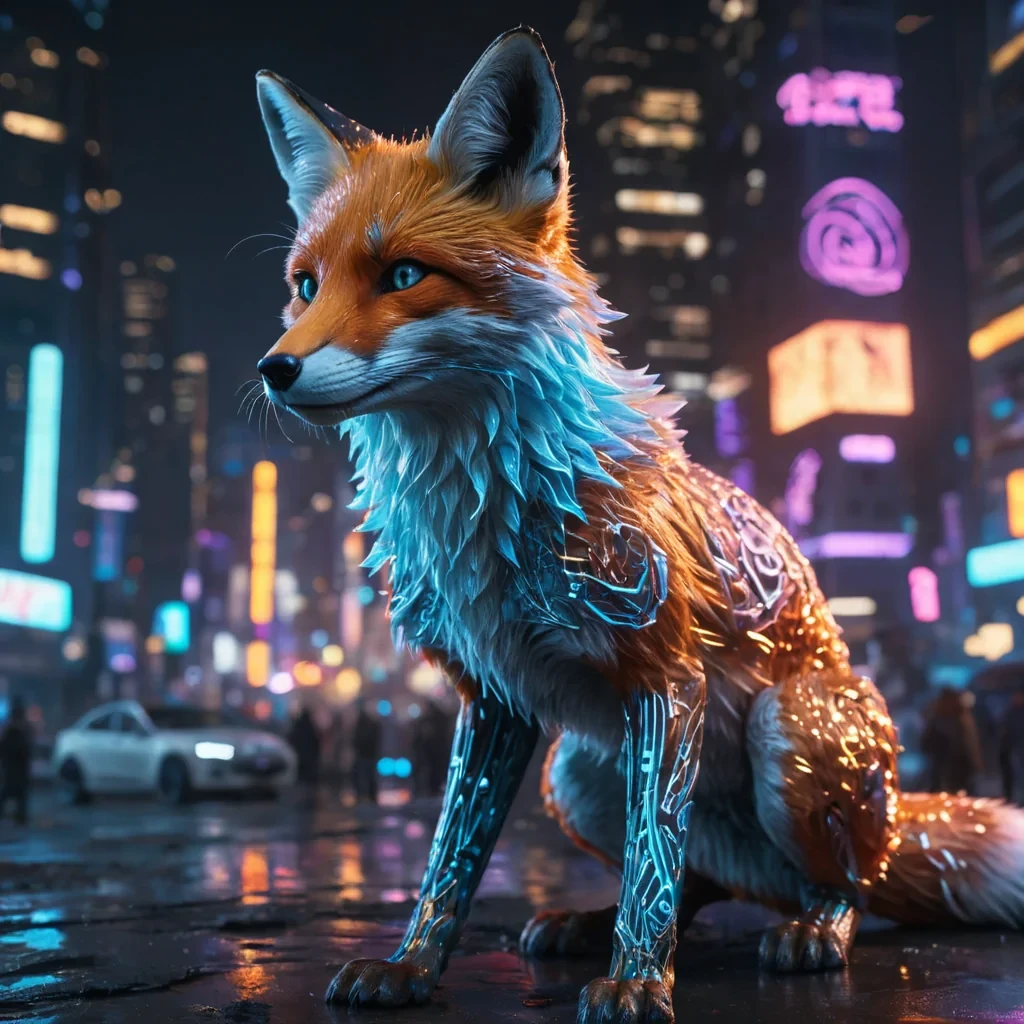 A hyperrealistic, 4K portrait of a sentient, levitating, neonlit holographic fox, its ethereal form shimmering with intricate, bioluminescent patterns, set against a sprawling, cyberpunk metropolis at dusk, with cinematic lighting casting dramatic shadows and emphasizing the foxs dynamic, fluid movements, and a subtle, cool bokeh effect creating a sense of isolation and mystery.