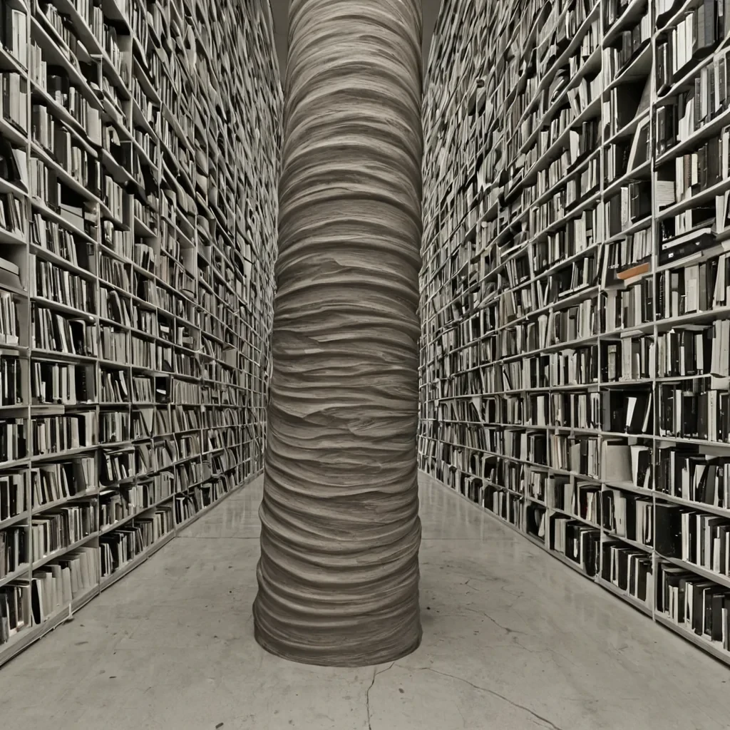 A single, selferoding column of solidified silence, shaped like a spiraling, nonEuclidean vortex of reversed linguistic inertia, floats at the center of a vast, inverted archive suspended between two unaligned moments of forgotten language. The column does not decayit untranslates, each rotation dissolving a layer of meaning that never coalesced into a coherent sentence, reforming into ephemeral, obsidianveined afterimages shaped like the negative space between two tongues that never articulated the same lost phrase. The archive is not textualit is a layered expanse of petrified grammar, each shelf etched with the syntactic residue of a word that was almost spoken, its aisles humming with the lowfrequency tremor