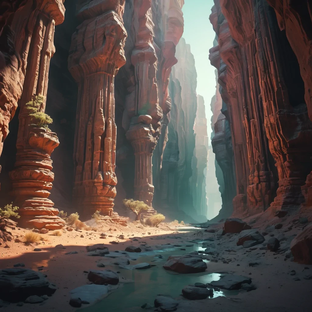 A vast, neonlit canyon filled with towering, ancient stone pillars that emit a soft, pulsating glow, while levitating, alien flora drift lazily through the air, casting intricate shadows on the canyon floor, hyperrealistic, ultra HD, cinematic lighting, volumetric lighting, atmospheric effects, soft focus, pastel tones, detailed textures.