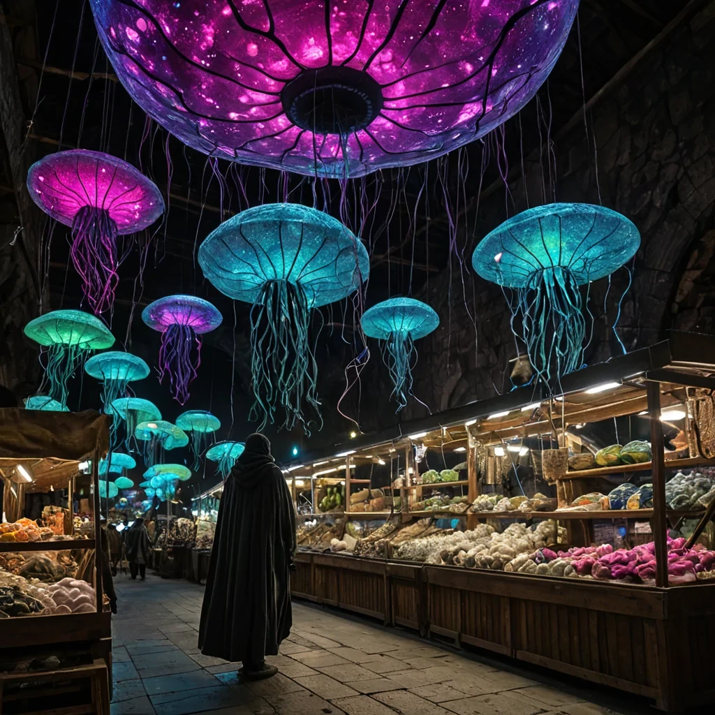 A horizontal, eyelevel wide shot of a colossal, suspended bazaar built upon the back of a slowmoving, armored tortoiselike landmass covered in mossy, jadegreen stone. The market stalls are not physical structures but projections of hardlight holograms in vibrant hues of magenta and electric blue, displaying floating artifacts made of spun glass and woven starlight. Above, the sky is a deep, velvety black dotted with oversized, glowing orbs resembling bioluminescent jellyfish that drift gently through the air. In the foreground, a figure wearing a textured, patchwork cloak made of overlapping, iridescent fish scales stands beside a vendors table, examining a small, rotating geometric puzzle made of polished obsidian. The lighting