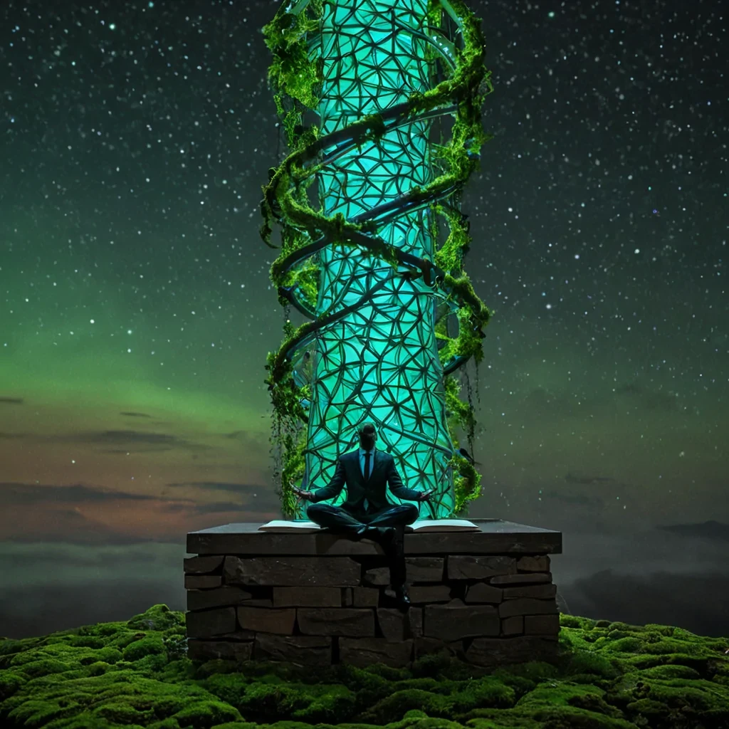 A vertical, eyelevel medium shot of a dense, vertical garden tower constructed from interlocking modules of vibrant, bioluminescent moss in shades of neon green and electric teal, where the structure spirals upwards into a mistshrouded sky. The air is thick with floating, translucent spores that catch the light like tiny, drifting stars. In the center, a figure wearing a sleek, formfitting suit made of matte, charcoalgray synthetic fabric with integrated, glowing circuit lines sits crosslegged on a narrow, suspended platform of roughhewn basalt. The figure holds a large, open book bound in iridescent beetle shell, its pages filled with intricate, handdrawn maps of unseen worlds that shift and rearrange themselves under