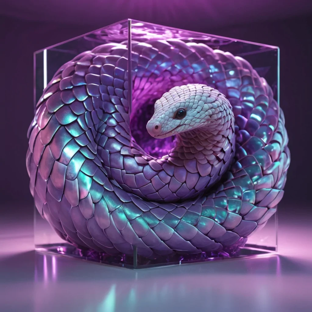 Hyperrealistic neon pangolins with reflective metallic scales curling in a cubic amethyst chamber filled with swirling quantum plasma, holographic filaments dancing in volumetric lighting, dynamic reflections, soft focus, pastel tones, 4K