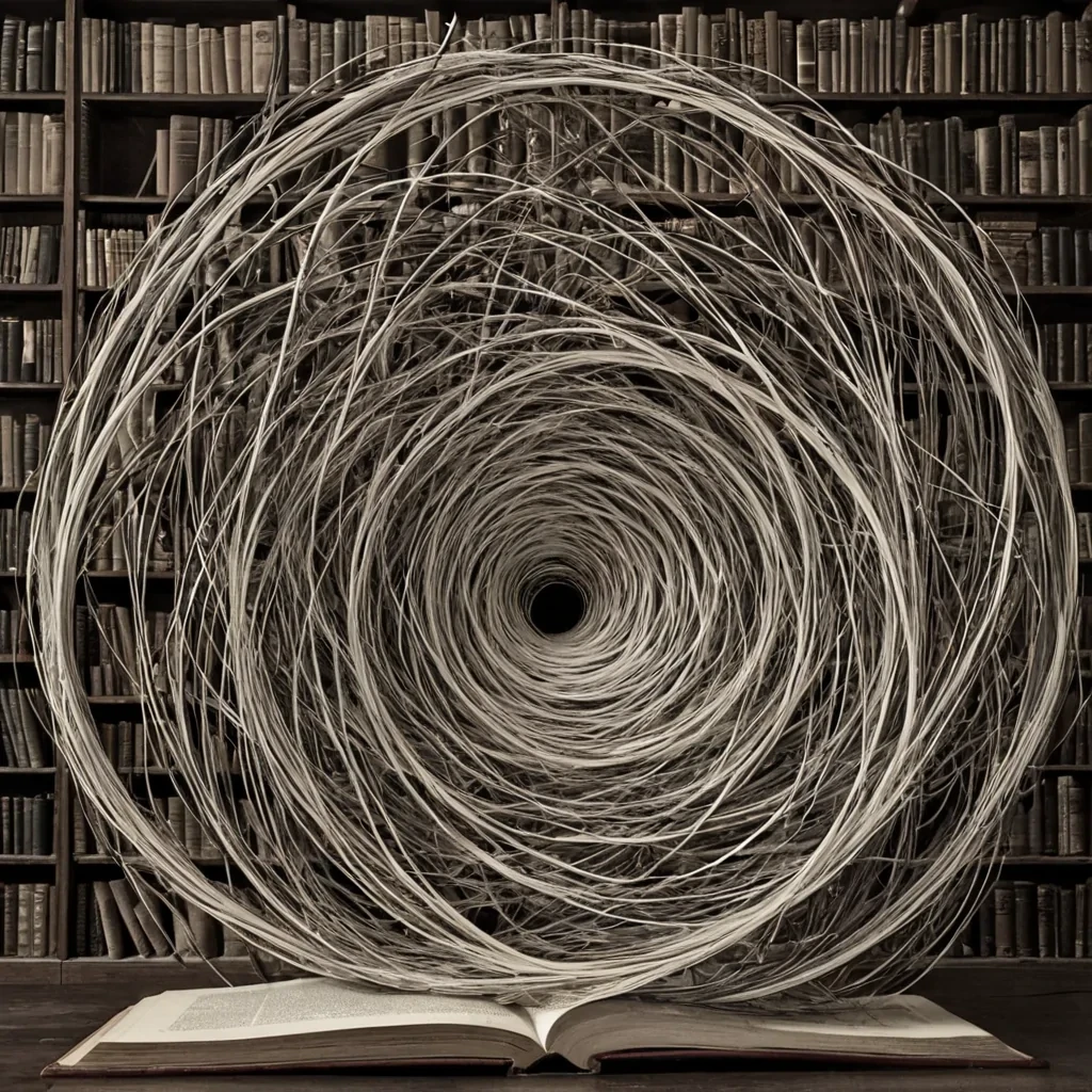 A single, selferoding filament of reversed time, shaped like a 1029dimensional tangle of unformed chronology and inverted causality, pulses at the center of a vast, inverted library of solidified silenceeach bookshelf carved from the exact moment between a page being turned and its refusal to turn, a sentence being read and dissolving into nonsemantic dust, a thought forming and collapsing into pure, unanchored void. The filament does not measureit unmeasures, each trembling coil shedding a layer of temporal potential that never coalesced into a shared sequence, reforming into ephemeral, obsidianthreaded afterimages shaped like the negative space between two hands that never held the same hour. The