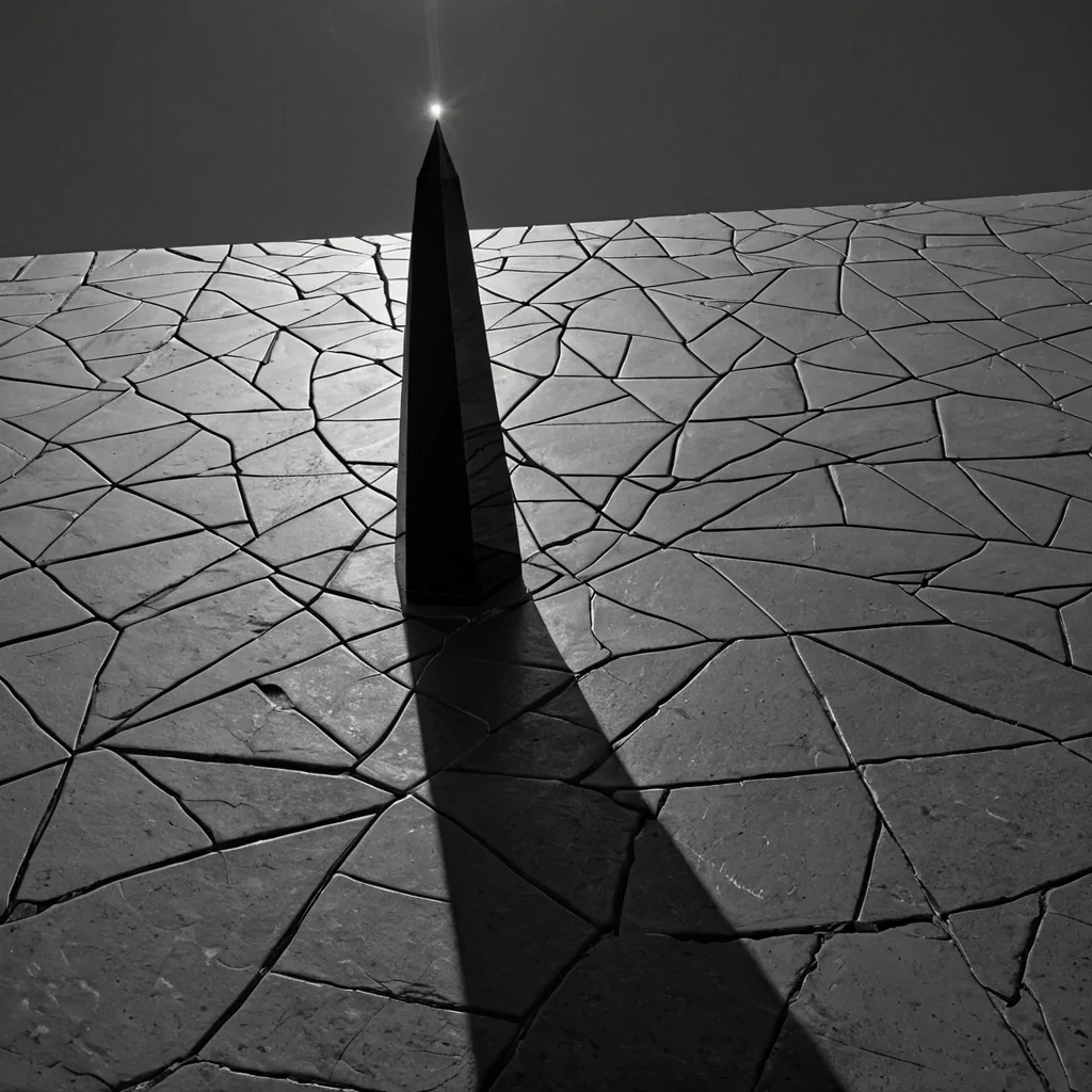 A single, humming spire of woven shadow and compressed light rises from the center of a vast, still plaza made entirely of polished obsidian and solidified breath, its surface not smooth but etched with the faint, iridescent script of a language spoken only in the silence between heartbeats. The spire does not standit pulses, each facet refracting not light, but the emotional residue of a decision made in perfect stillness, its edges glowing faintly with the thermal afterimage of a handshake that never occurred. The plaza beneath is not flatit is a thick, viscous layer of liquid memory, its surface cracked in perfect, nonEuclidean patterns that mirror the frequency of a heartbeat that never formed. Above, the sky