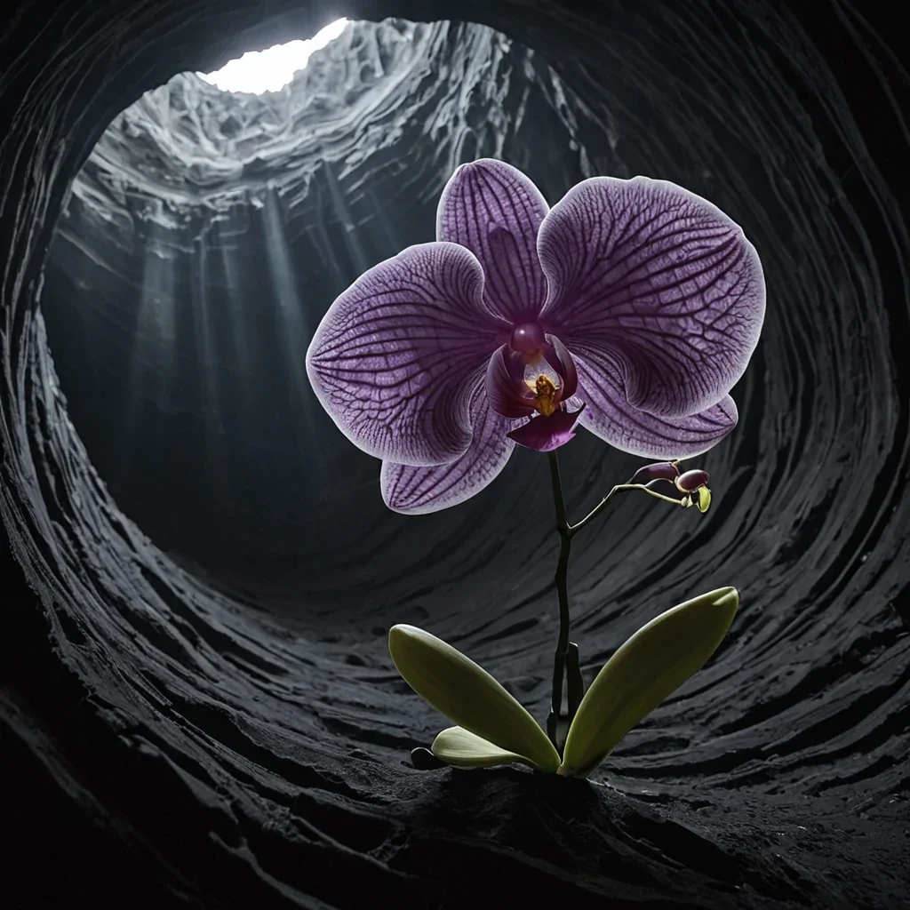A single, selfreplicating fractal orchid blooms in the center of a vast, still cavern carved from the inside of a dormant black hole, its petals not made of tissue but of solidified silence shaped into perfect, geometric spirals that pulse with the faint, bioluminescent afterimage of a language spoken only in the absence of sound. The orchid does not growit unfolds, each new petal revealing a microcosm of a universe that never formed, its veins woven from the emotional residue of a decision never made, glowing with the soft, shifting hues of a memory that was almost remembered. The cavern walls are not stonethey are layers of compressed time, each stratum etched with the negative