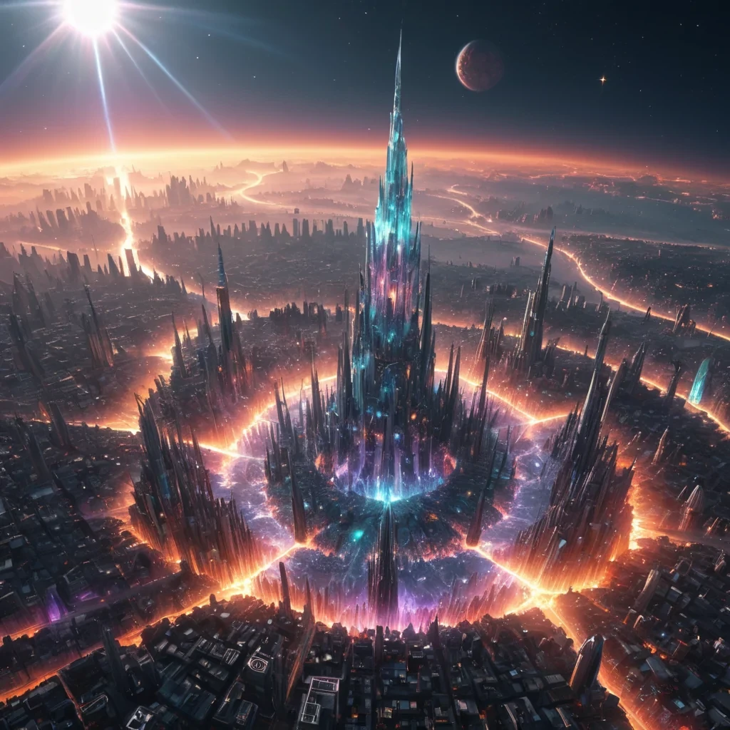 A hyperrealistic, 4K, ultra HD, crystalline, fractal cityscape, its geometric spires and towers rising from a shimmering, iridescent, molten core. Volumetric lighting from a distant, pulsating, celestial body etches the citys ethereal, labyrinthine architecture, casting intricate, dynamic, prismatic shadows on the inverted, reflective surface. Cinematic lighting bathes the scene in vibrant, opalescent hues, with lens flare emphasizing the citys central, radiant, crystalline spire, pulsating with captive, alien, thermal energy. Photorealistic, fractal, crystalline formations unfurl ultra HD, zero gravity, aerodynamic ecosystems, creating a surreal, otherworldly