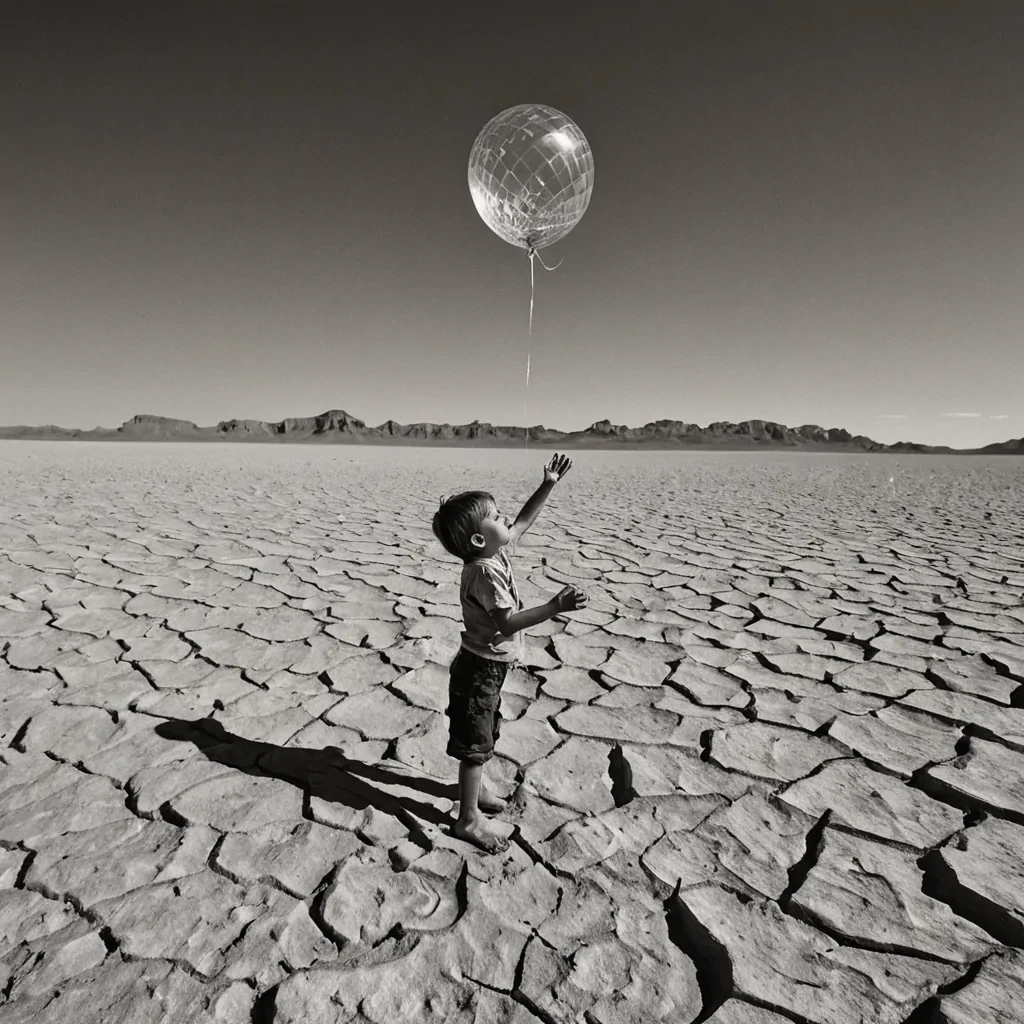 A single, colossal, selfsustaining kaleidoscope floats in the center of a vast, crystalline desert on a planet where light does not travel in straight lines but bends through the emotional resonance of unremembered childhoods. The kaleidoscope is not glassit is forged from solidified nostalgia, each facet a perfect, fractured memory of a childs laughter frozen midscream, its surface etched with the faint, trembling outlines of hands reaching for a balloon that never existed. The desert is not sandit is a sea of compressed silence, each grain a moment of breath held just before a first word was spoken, arranged in perfect geometric patterns that shift with the rhythm of a forgotten lullaby. The sky is not airit