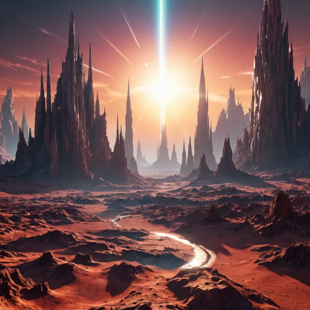 A vast, alien landscape where towering, crystalline spires reflect the dual suns, hyperrealistic, ultra HD, cinematic lighting, volumetric lighting, atmospheric effects, dynamic lighting, lens flare, vibrant colors, detailed textures.