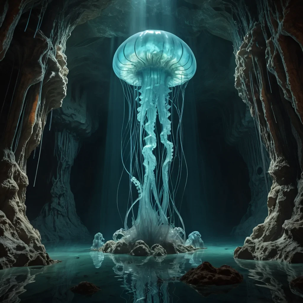In the heart of a hyperrealistic, ancient, submerged, glasslike cavern, a colossal, dormant, mechanical jellyfish pulsates, its intricate, textured tentacles unfurling towards the caverns distant, glowing walls. Cinematic lighting from an unseen source casts dramatic shadows, while dynamic, volumetric lighting creates a soft, pastel glow. The jellyfishs delicate, detailed textures reflect the caverns intricate, luminescent patterns, as atmospheric effects create a mesmerizing dance of light and color. At the jellyfishs core, a colossal, ancient, holographic projector flickers to life, casting a vibrant, Ultra HD display of a longforgotten alien landscape onto the caverns rusted,