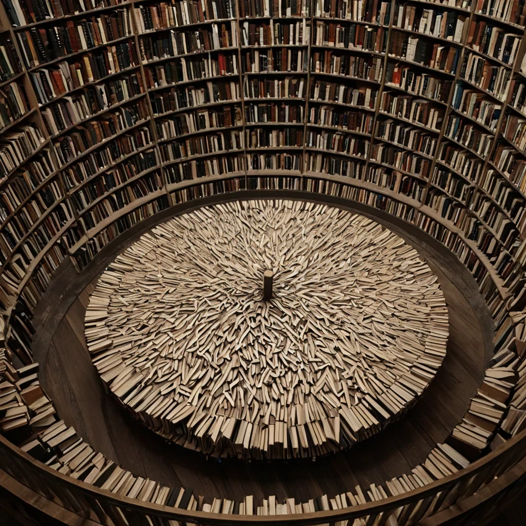 A single, selfilluminating spore of compressed, nonNewtonian silence drifts through the center of a vast, still library composed entirely of solidified, unopened letters from a civilization that communicated through the texture of unmailed confessions. The spore does not floatit unreads, each rotation peeling away a layer of text that never existed, revealing a hollow core shaped like the negative space between two hands that never held a pen in the same moment. The library is not wood or paperit is a layered expanse of petrified ink from a million unspoken apologies, each shelf etched with the emotional residue of a sentence that was almost written, its edges glowing with the faint, thermodynamic afterimage