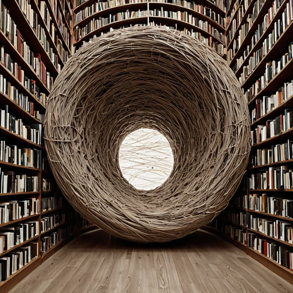 A single, selfdissolving thread of reversed silence, shaped like a 917dimensional spiral of unformed stillness and inverted quiet, thrums at the center of a vast, inverted library of solidified soundeach bookshelf carved from the exact moment between a word being spoken and its refusal to be heard, a whisper forming and dissolving into nonacoustic dust, a page turning and collapsing into pure, unmeasured void. The thread does not quietit unquiets, each fraying strand shedding a layer of linguistic potential that never coalesced into a shared meaning, reforming into ephemeral, onyxthreaded afterimages shaped like the negative space between two lips that never parted to say a name. The