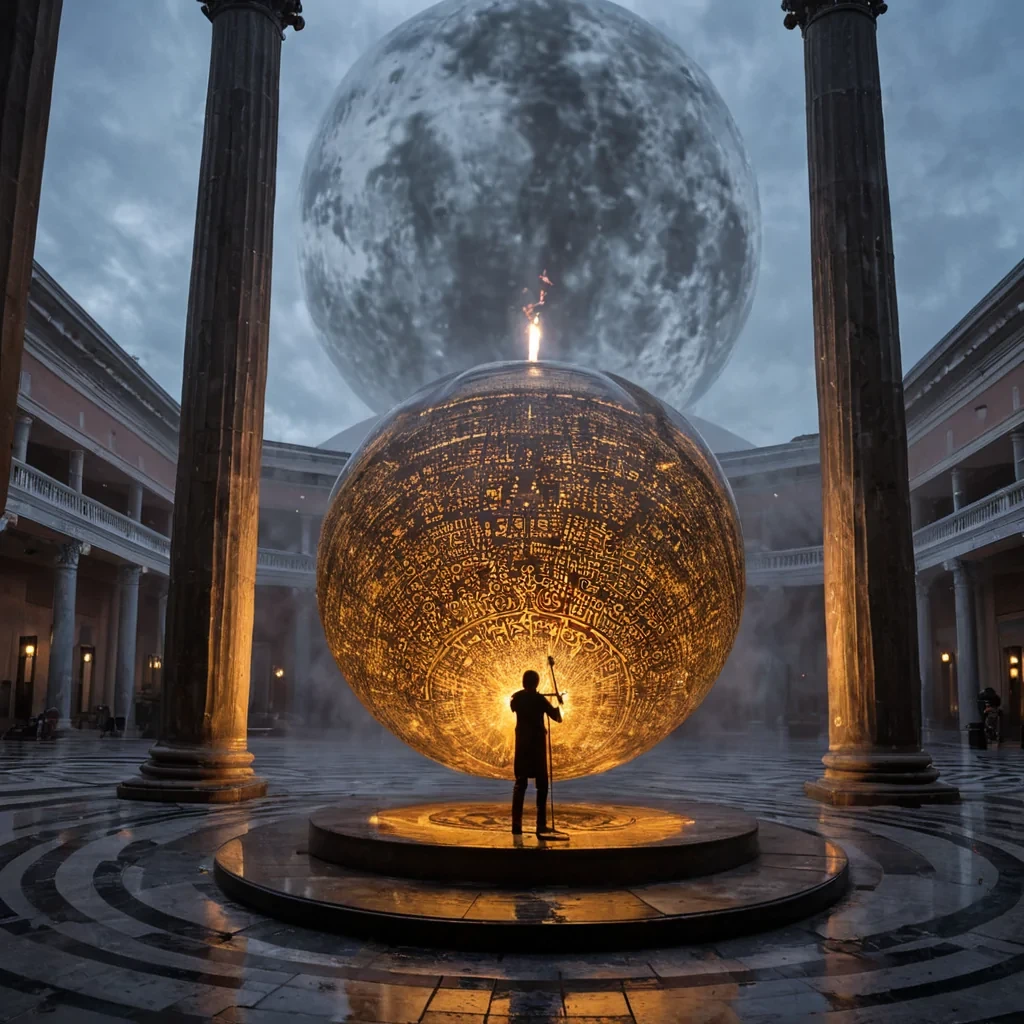 A horizontal, eyelevel medium shot of a vast, circular plaza paved with polished, dark slate, where the ground is covered in intricate, glowing geometric patterns resembling ancient circuit boards. The central focus is a massive, spherical structure made of thousands of interlocking, translucent ambercolored glass panels, each containing a suspended, frozen moment of everyday life a child blowing out birthday candles, a baker pulling bread from an oven, a musician tuning a violin. The sphere floats just inches above the ground, supported by a column of dense, swirling mist that shifts from white to soft gold. Surrounding the plaza are towering, slender pillars of raw, unpolished obsidian that rise into a twilight sky filled with swirling, nebulalike clouds in shades of