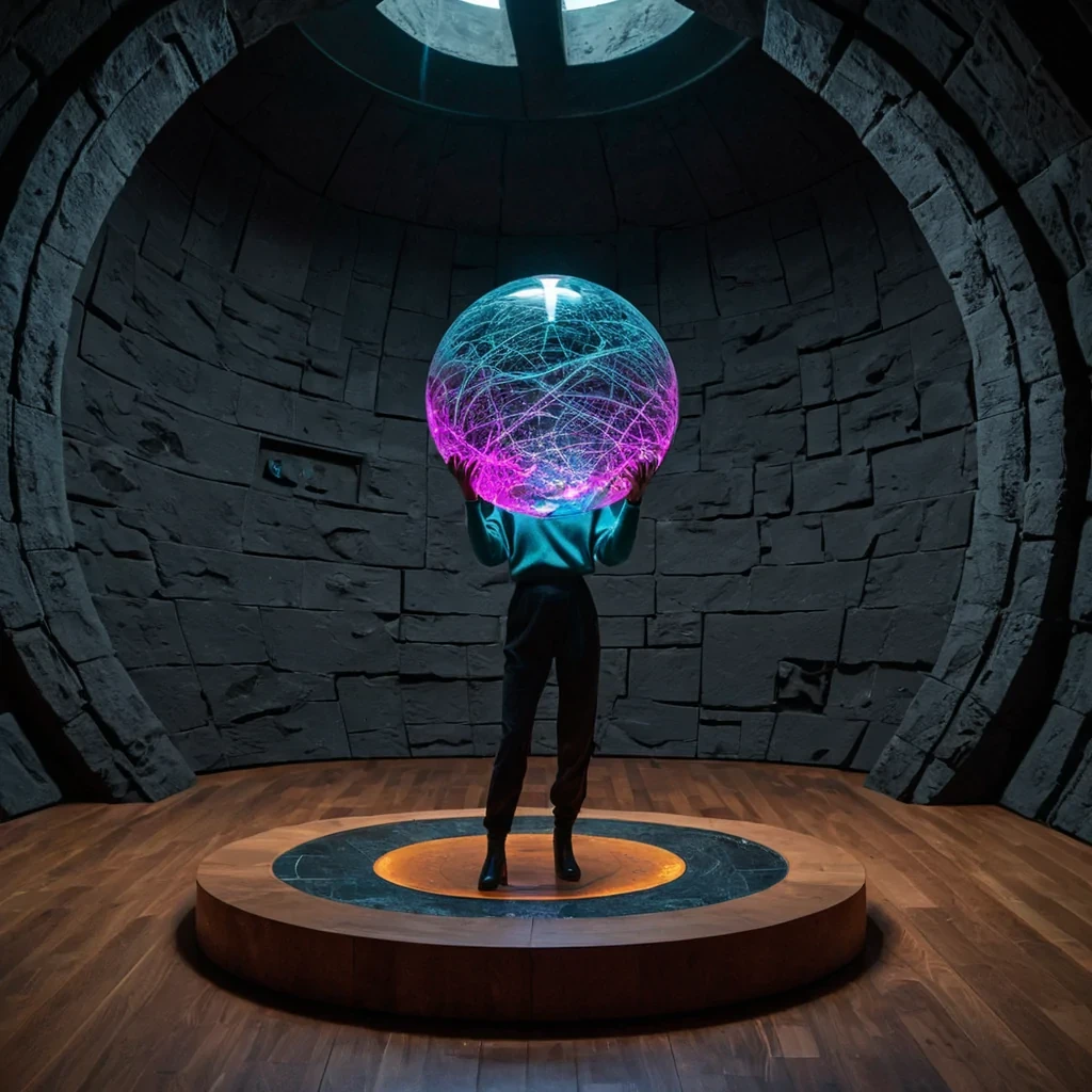 A horizontal, eyelevel medium shot of a subterranean observatory carved from layers of compressed, dark basalt and glowing orange amber. The room is circular, with a floor made of polished black slate that reflects the intricate ceiling structure. The ceiling is a massive, domed armillary sphere constructed from thin, glowing tubes of liquid neon in hues of magenta and cyan, rotating slowly in silent synchronization. In the center, a figure wearing a textured, charcoalgrey knitted sweater and highwaisted trousers stands on a small, raised platform made of raw, unpolished wood. They are holding a transparent, spherical device filled with swirling, silver liquid metal that mirrors the movement of the celestial models above. The lighting is dramatic and low