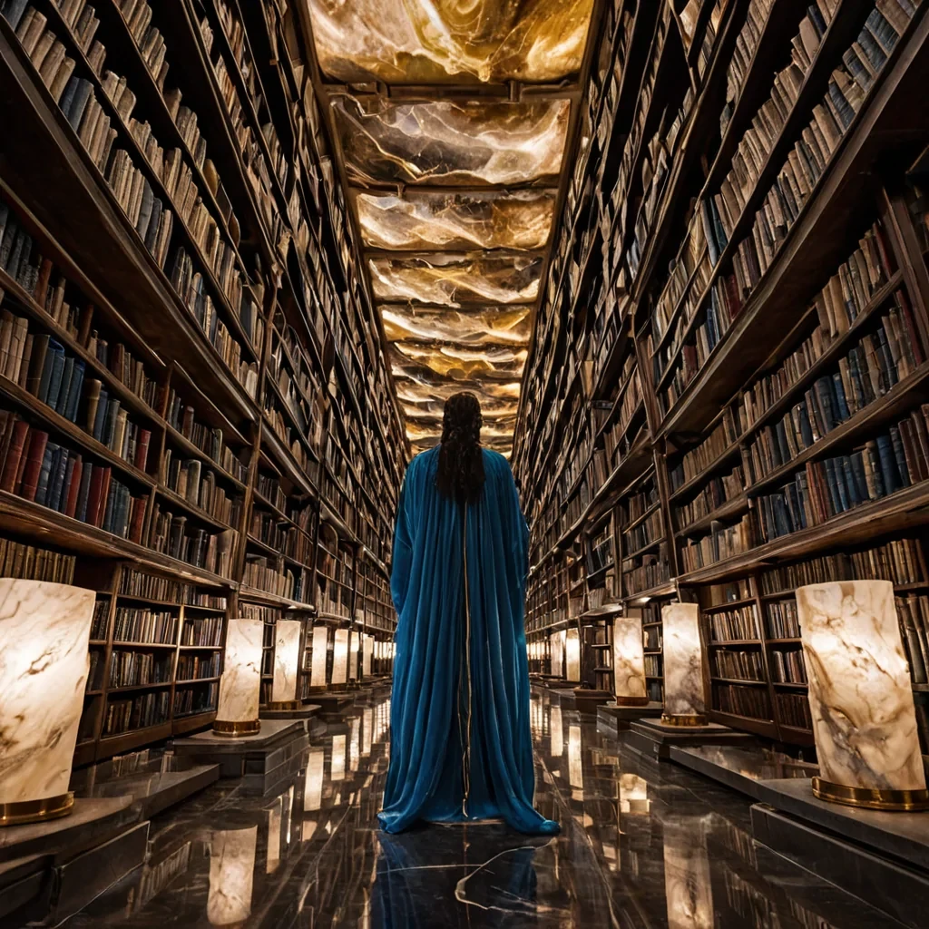 A horizontal, eyelevel wide shot of a colossal, vertical library constructed from massive, hollowedout blocks of translucent alabaster, suspended by thick, braided cables of copper and gold that stretch into an endless, starfilled void. The interior shelves are carved directly into the stone, filled not with books, but with thousands of glass cylinders containing swirling, captured storms in varying shades of electric blue, crimson, and violet. In the foreground, a quiet archivist with skin resembling smooth, polished marble and wearing a long, flowing robe of sheer, silverthreaded silk stands on a narrow, floating platform of dark obsidian. They are gently holding a small, open book made of thin sheets of mica that glow with a warm, golden light