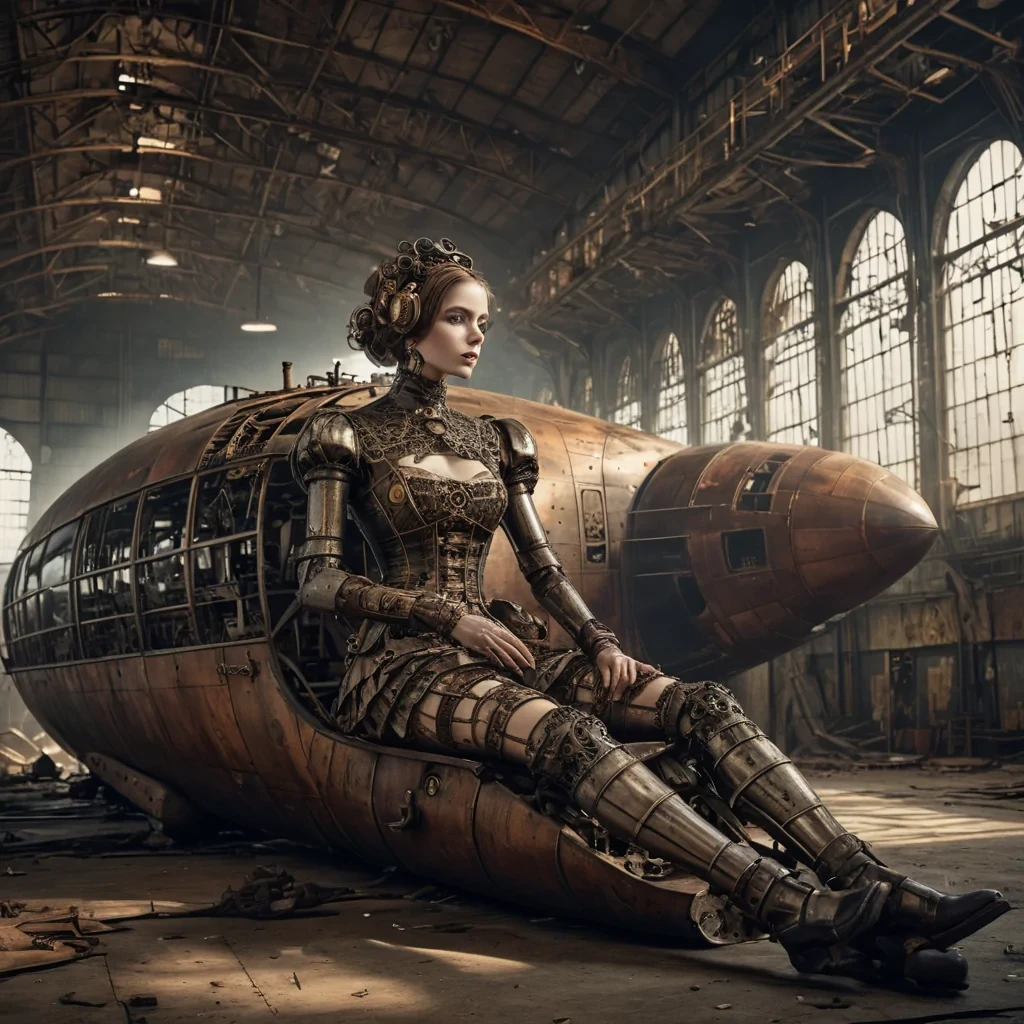 Photorealistic, Ultra HD portrait of a melancholic, sentient automaton, its metallic body adorned with intricate, tarnished filigree, sitting alone in a vast, abandoned zeppelin hangar, surrounded by decaying, vintage airships and faded, sepiatoned posters of longforgotten destinations, with cinematic lighting casting dramatic shadows and emphasizing the intricate, steampunkinspired design, and a subtle, cool bokeh effect creating a sense of isolation and nostalgia.