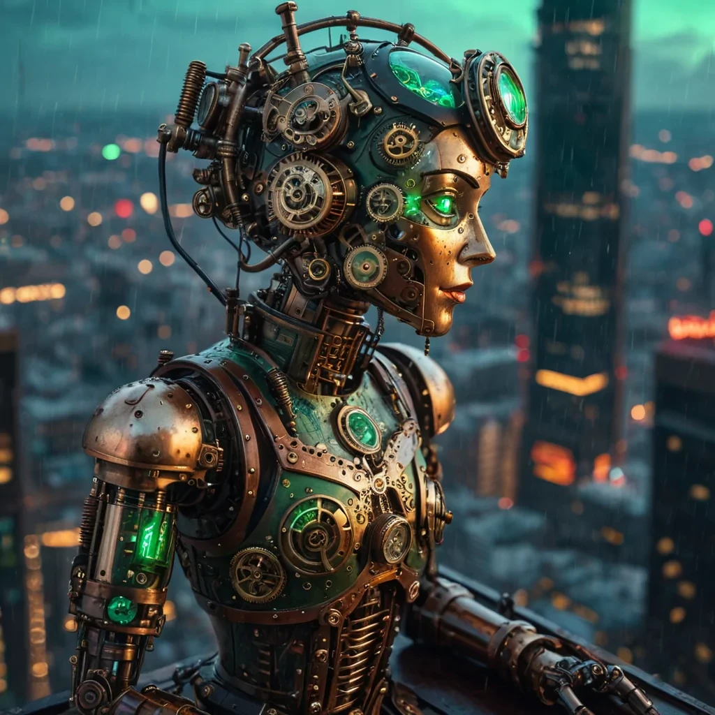 An ultradetailed, 4K portrait of a steampunkinspired automaton, perched on the edge of a vertiginous, neonlit skyscraper, with intricate, brass mechanisms and glowing, emerald eyes, cinematic lighting, and a bokeh effect blurring the sprawling, rainsoaked cyberpunk cityscape below.