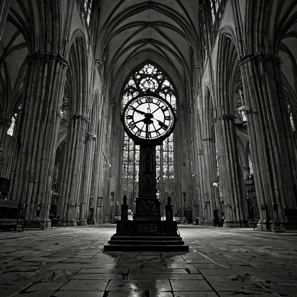 A single, selfsustaining clock made of solidified twilight hangs suspended in the center of a vast, still cathedral built entirely of compressed, unspoken apologies from a civilization that communicated through the scent of unlit lanterns. The clock does not tickit breathes, its hands moving in reverse with the rhythm of a heartbeat that never existed, each gear not metal but a crystalline lattice of frozen breaths from a thousand unshared goodbyes. The face is not glassit is a thin membrane of liquid shadow, etched with the negative space between two eyes that never met, each hour marked by a faint, pulsing afterimage of a farewell that was almost spoken. The cathedral floor is not stoneit is a layered expanse
