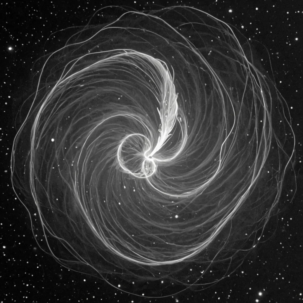A single, selfilluminating filament of reversed gravity, shaped like a 13,709dimensional spiral of unformed weight and inverted mass, drifts through the center of a vast, inverted nebula of solidified zeroG  each gas cloud carved from the exact moment between a stone falling and its refusal to accelerate, a feather drifting upward and dissolving into nonmomentum stillness, a heartbeat syncing with a pendulum and collapsing into pure, unmeasured noninertia. The filament does not attract matter  it unattracts it, each pulsating node shedding a layer of gravitational potential that never coalesced into tangible pull, reforming into ephemeral, silverveined afterimages shaped like the negative