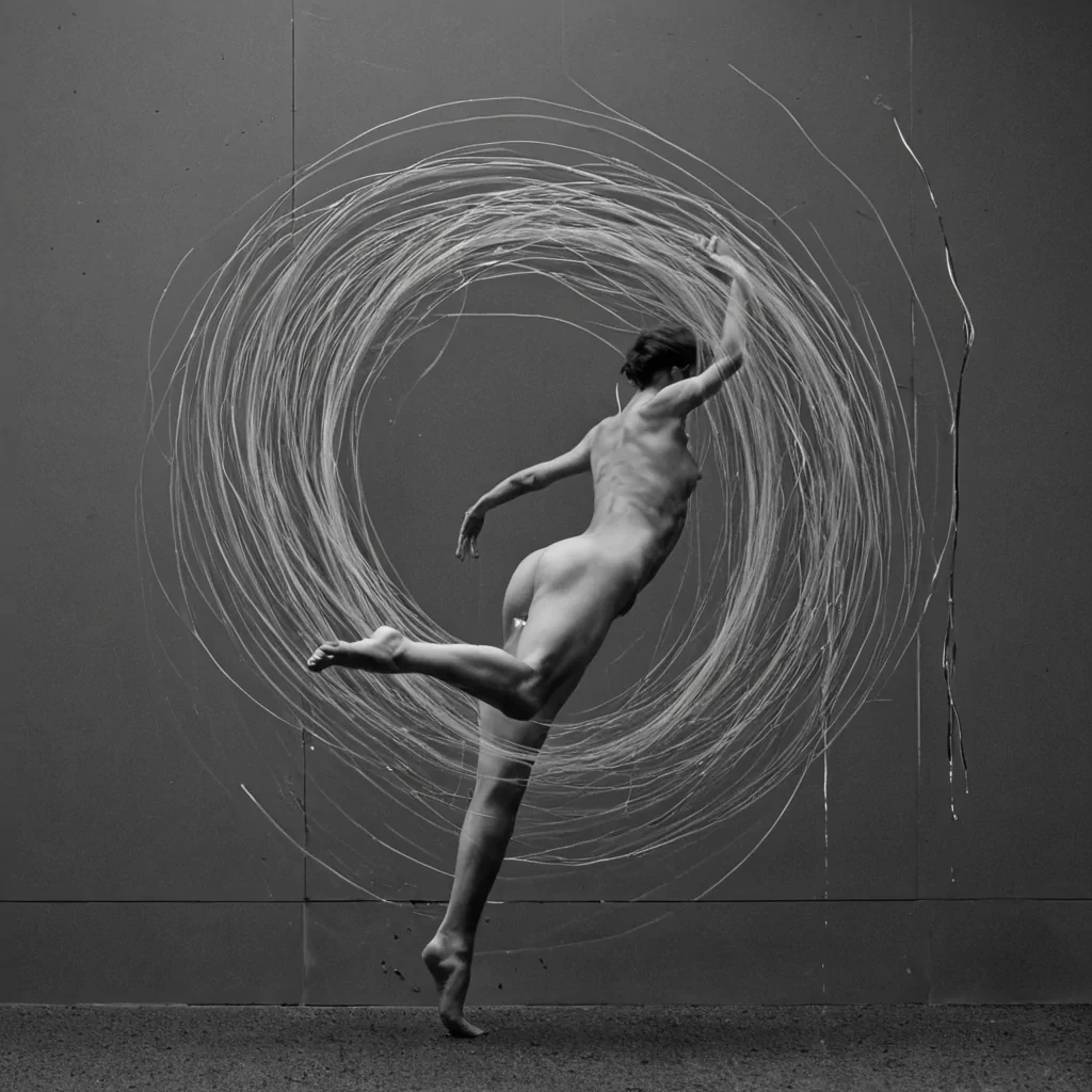 A single, selfigniting filament of reversed stillness, shaped like a 7,891dimensional thread of unformed motion and inverted inertia, drifts through the core of a vast, inverted void of solidified momentum. Each twist is woven from the exact moment between a foot lifting off the ground and its refusal to fall, a hand reaching toward a door and dissolving into noncontact, a thought forming in the mind and collapsing into pure, unmeasured nonaction. The thread does not resist movementit unresists it, each shimmering strand shedding a layer of kinetic potential that never coalesced into stride, gesture, or the weight of doing. As it spirals through the voids heart, it leaves behind