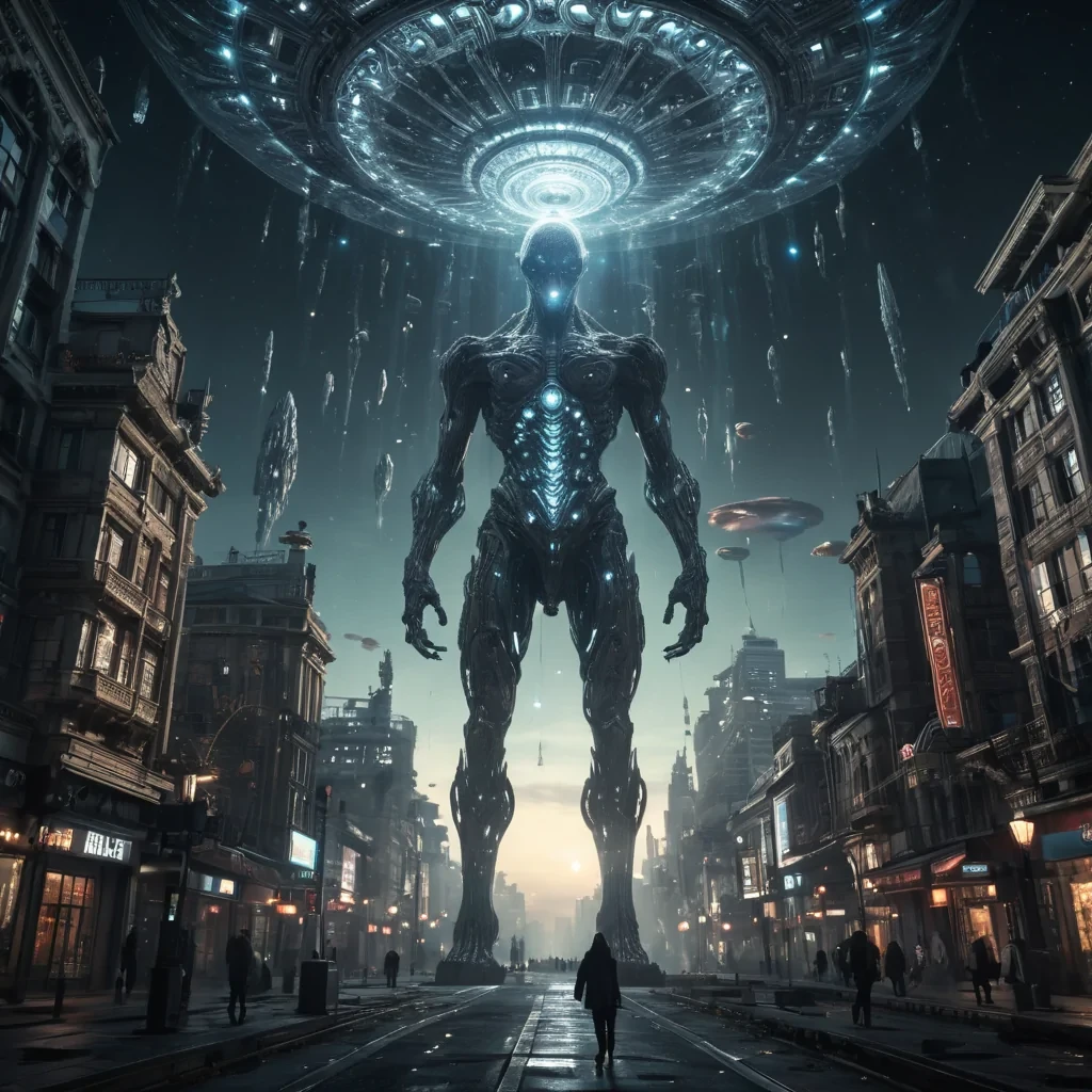 Photorealistic, Ultra HD, colossal, ancient, cinematic, levitating, crystalline colossus, its detailed, fractal surface adorned with intricate, 4K, neonlit filigree, hovers silently over a desolate, alien, neonlit metropolis. The colossus massive, volumetric, antigravity engines cast intricate, atmospheric shadows across the urban landscape, while its powerful, cinematic searchlights, crafted from swirling, neonlit vortexes, illuminate the distant, swirling galaxies, creating a soft, ethereal bokeh effect that dances with the scenes lens flare, as the rhythmic, atmospheric calls of unseen creatures echo through the thin, atmospheric air.