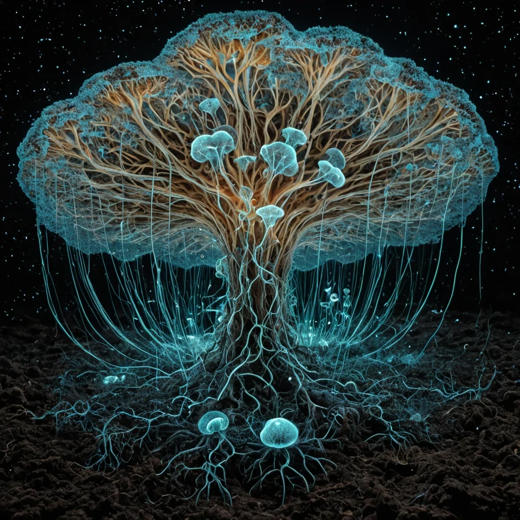A single, selfsynthesizing cluster of bioluminescent mycelium, shaped like a fractalized, pulsating root system of liquid thought, thrives at the center of a vast, inverted garden suspended in the zerogravity void between two silent, nonrotating galaxies. The mycelium does not growit unthinks, each pulse dissolving a layer of cognition that never formed, reforming into ephemeral, crystalline networks shaped like the negative space between two neurons that never fired in the same dream. The garden is not soilit is a layered expanse of solidified empathy, each petal etched with the emotional residue of a feeling that was almost shared, its surfaces glowing with the faint