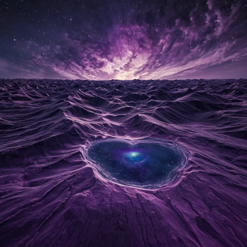 A vast, undulating landscape of liquid glass flows across the surface of a planet that rotates backward, its terrain not formed by tectonics but by the collective, synchronized sighs of a species that communicates through the resonance of their breath. The glass is not transparentit is a deep, iridescent violet, thick with the emotional weight of unshared confessions, each ripple carrying the faint, ghostly echo of a voice that never spoke its truth. The sky above is not air, but a dense, slowmoving cloud of solidified silence, shaped like the negative space between two lovers who never met, its edges glowing with the soft, pulsing light of a star that died before it could be named. In the distance, a