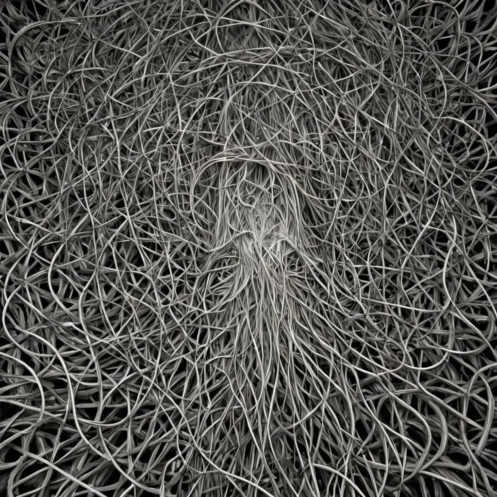 A single, selfilluminating tangle of reversed silence, shaped like a 17,429dimensional knot of unformed stillness and inverted resonance, pulses at the center of a vast, inverted archive of solidified breath  each shelf carved from the exact moment between a sigh escaping and its refusal to dissipate, a gasp forming in the lungs and dissolving into nonaerodynamic emptiness, a whisper carried on a breeze and collapsing into pure, unmeasured nonvibration. The tangle does not contain sound  it uncontains it, each intersecting filament shedding a layer of acoustic potential that never coalesced into perceptible resonance, reforming into ephemeral, obsidianthreaded afterimages shaped