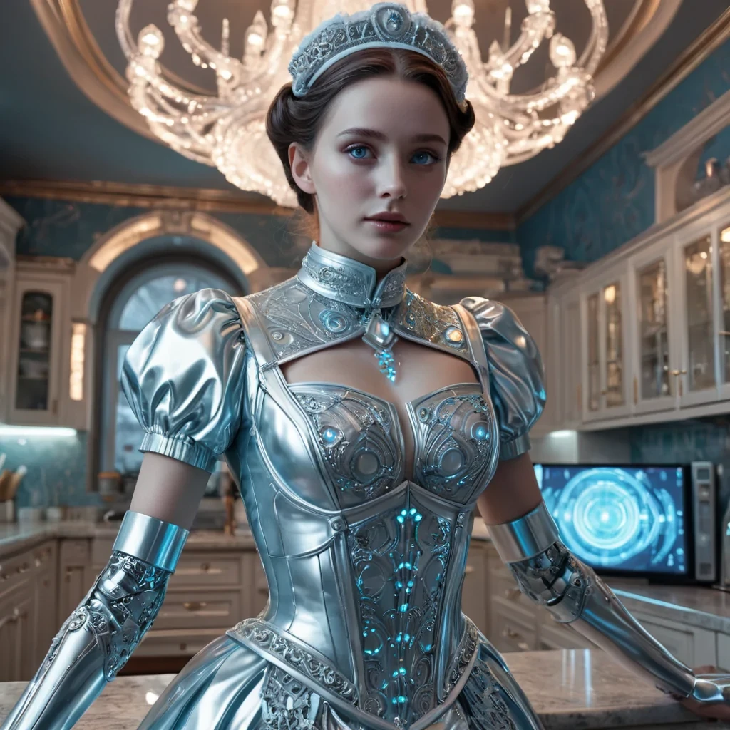 A hyperrealistic, 4K, ultra HD portrait of a enigmatic, android maid with iridescent, metallic skin and eyes that glow with a soft, ethereal blue light. The maids sleek, Victorianinspired uniform is adorned with intricate, glowing circuitry patterns that pulse gently, casting a mesmerizing, bokeh effect across her form. The background is a lavishly appointed, retrofuturistic kitchen, with chrome appliances and holographic displays etched with alien recipes. Cinematic lighting from a giant, crystalline chandelier above accentuates the maids otherworldly features, while a soft focus blurs the opulent surroundings, creating an air of mystery and allure.