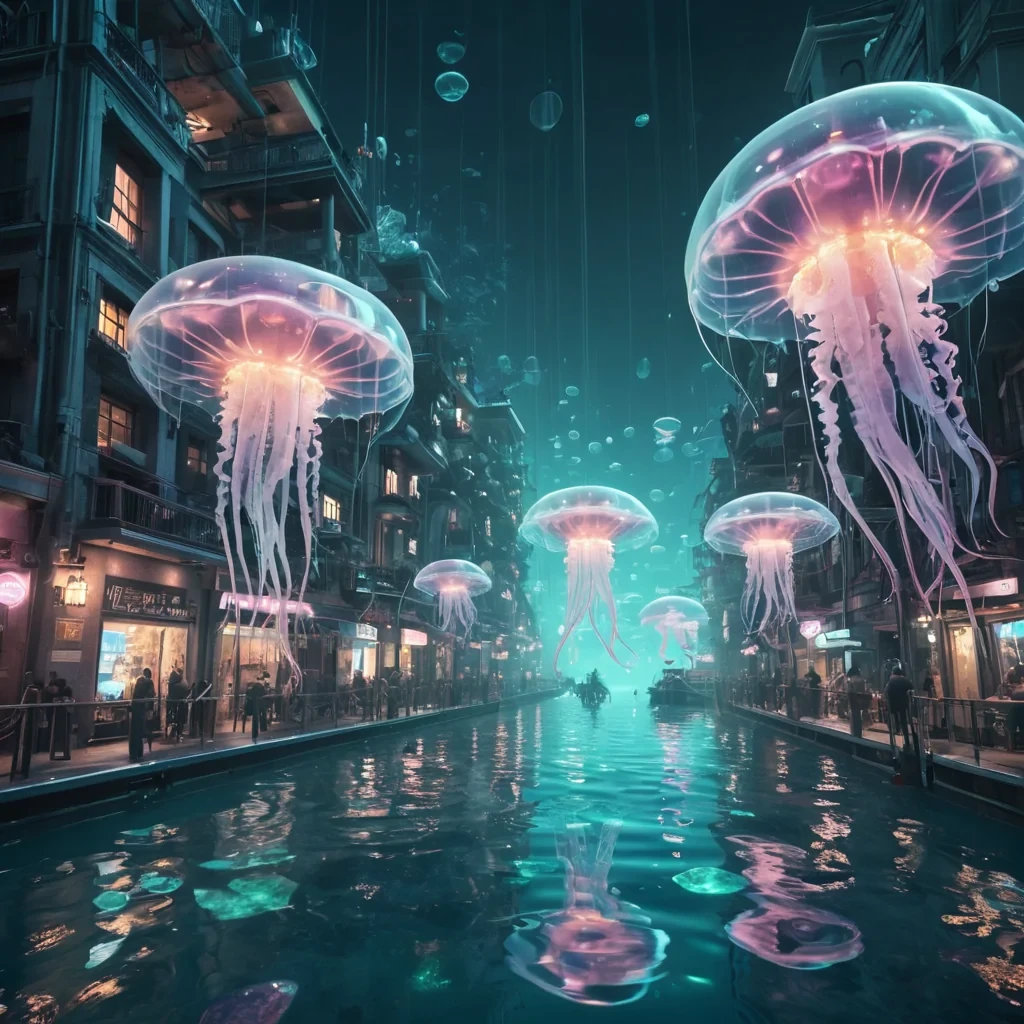 A vast, underwater metropolis illuminated by glowing, jellyfishlike drones, where citizens ride translucent, levitating platforms through crystalclear canals, hyperrealistic, 4K, cinematic lighting, volumetric lighting, atmospheric effects, soft focus, pastel tones, detailed textures.