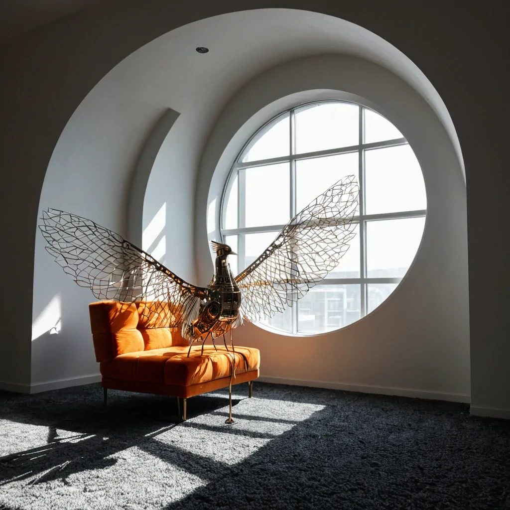 A vertical, eyelevel medium shot of an interior space defined by walls made entirely of stacked, horizontal layers of translucent, frosted acrylic sheets that diffuse the light from a single, large circular window in the background. The floor is covered in deep, plush charcoalgrey carpeting that absorbs all sound and light, creating a stark contrast with the bright, airy ceiling composed of a complex lattice of glowing, warmwhite filament wires arranged in a chaotic yet harmonious web. In the center, a figure sits crosslegged on a low, square cushion upholstered in vibrant, textured orange velvet, holding a delicate, intricate mechanical bird sculpture made of polished brass gears and thin steel springs. The sculpture is perched on their knee, its wings slightly spread, with