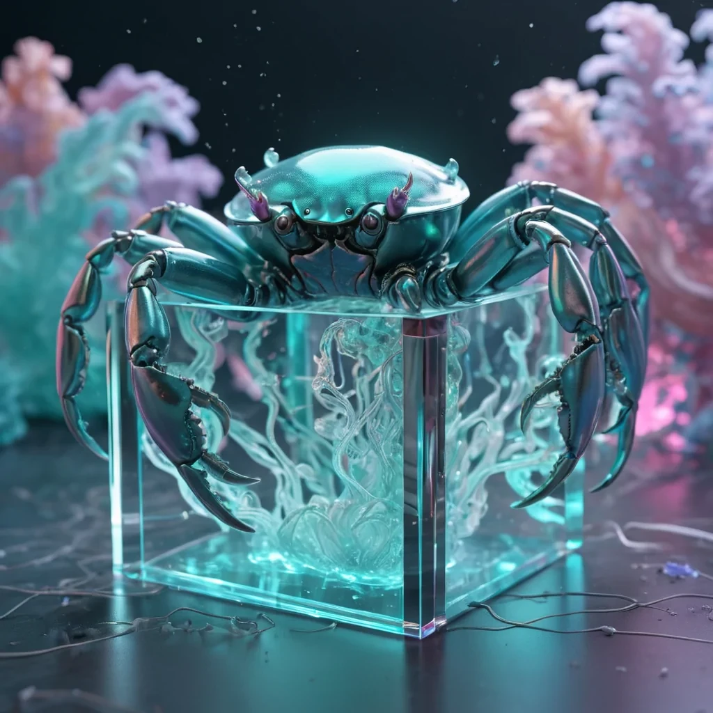 Hyperrealistic neon crabs with reflective metallic claws scuttling in a cubic aquamarine chamber filled with swirling quantum mist, holographic tendrils weaving in volumetric lighting, soft focus, pastel tones, 4K