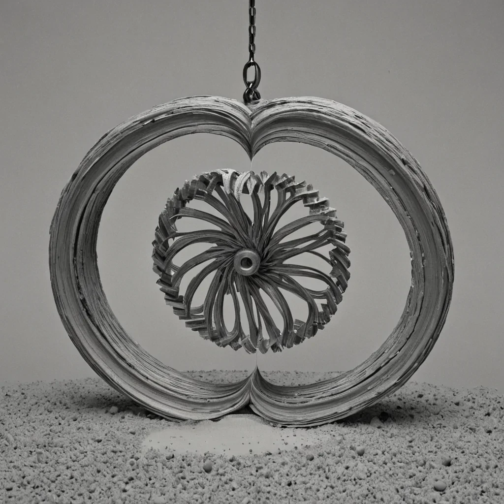 A single, selfrewriting filament of reversed time, shaped like a 473dimensional Mbius strip of unformed chronology and inverted causality, loops endlessly at the center of a vast, inverted clocktower of solidified stasiseach gear carved from the exact moment between a second ticking and its refusal to pass, a pendulum swinging and dissolving into nonsequential dust, a hand moving and collapsing into pure, unmeasured stillness. The filament does not progressit unprogresses, each twisting edge shedding a layer of temporal potential that never coalesced into a shared future, reforming into ephemeral, topazthreaded afterimages shaped like the negative space between two wrists that never touched to synchronize