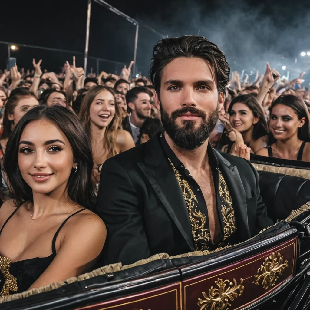 A very clear modern picture of a dark haired, modern handsome king with a beard along with beautifully dressed, brown haired women. They are riding in an royal open carriage amongst a happy crowd of EDM concert goers.