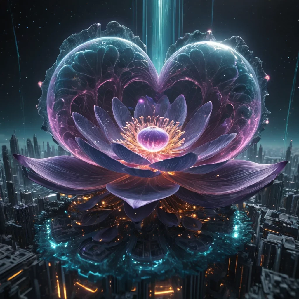Photorealistic, colossal, ethereal, nebulaspun, lotus blossom metropolis, its hyperrealistic, 4K, fractal, petallike structures unfurling ultra HD, zero gravity, aeroponic ecosystems. Volumetric lighting from unseen, pulsating, nebula hearts etches the citys ethereal, labyrinthine architecture, casting intricate, dynamic, iridescent shadows on the inverted, reflective void. Cinematic lighting bathes the scene in vibrant, nebular hues, with lens flare emphasizing the citys central, radiant, throbbing, amethyst heart, pulsating with captive, alien, geothermal energy.