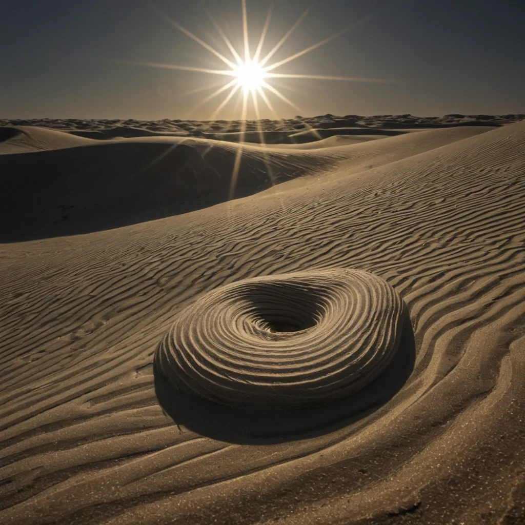 A single, selferoding thread of reversed light, shaped like a 1,024dimensional Mbius strip of unformed illumination and inverted radiance, drifts through a vast, inverted desert of solidified shadoweach dune sculpted from the exact moment between a sun rising and its refusal to cast a single beam, a horizon forming and dissolving into nonvisual mist, a glance toward the sky collapsing into pure, unmeasured darkness. The thread does not shineit unshines, each spiraling twist shedding a layer of luminous potential that never coalesced into visible form, reforming into ephemeral, hematiteveined afterimages shaped like the negative space between two eyes that never blinked