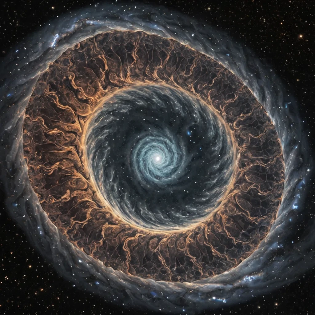 A single, selfilluminating fractal of solidified silence, shaped like a 97dimensional helix of inverted time and unformed stillness, rotates at the center of a vast, inverted nebula composed entirely of petrified dreams and suspended moments of unshared lucidity. The fractal does not glowit unblinks, each spiral dissolving a layer of cognitive potential that never coalesced into a shared awareness, reforming into ephemeral, topazthreaded afterimages shaped like the negative space between two minds that never synchronized in the same moment of mutual clarity. The nebula is not cosmicit is a stratified expanse of compressed thought, each cloud a fossilized idea held just before the first insight