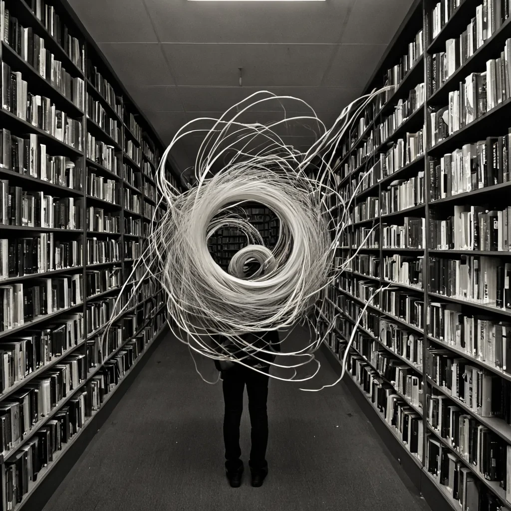 A single, selfresonating filament of reversed nostalgia, shaped like a 9,127dimensional thread of unformed memory and inverted longing, drifts through the core of a vast, inverted library of solidified forgetting. Each twist is spun from the exact moment between a hand brushing a bookshelf and its refusal to recall the title, a photograph being held and dissolving into nonidentity, a name whispered in a dream and collapsing into pure, unmeasured nonremembrance. The thread does not preserve the pastit unpreserves it, each shimmering strand shedding a layer of emotional potential that never coalesced into warmth, recognition, or the weight of having been loved. As it spirals through the library