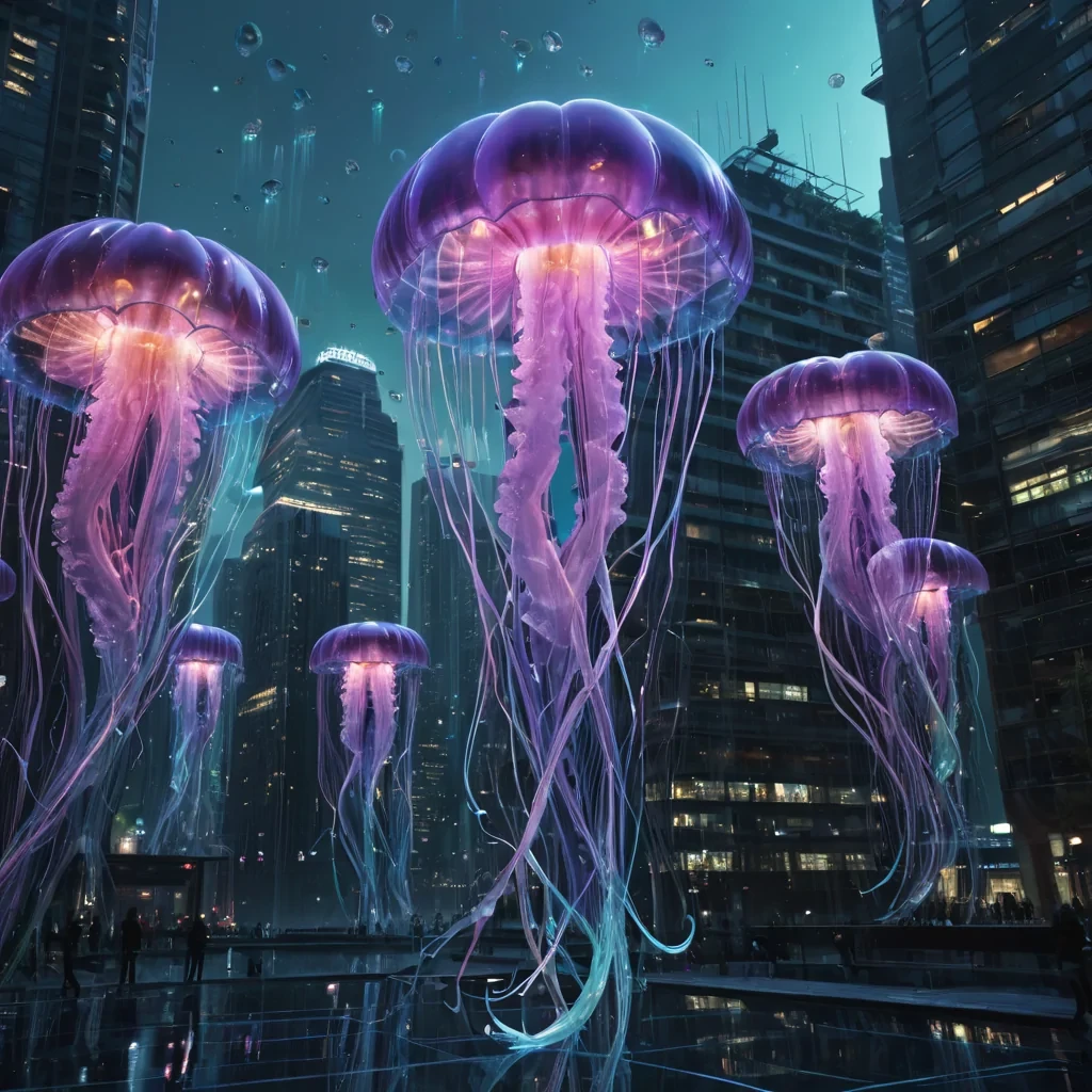 Photorealistic, colossal, iridescent, floating, jellyfish metropolis, its hyperrealistic, 4K, pulsating, translucent structures unfurling ultra HD, zero gravity, hydrosonic ecosystems. Volumetric lighting from unseen, pulsating, bioluminescent hearts etches the citys ethereal, organic architecture, casting intricate, dynamic, neon shadows on the inverted, reflective void. Cinematic lighting bathes the scene in vibrant, otherworldly hues, with lens flare emphasizing the citys central, radiant, throbbing, crystalline heart, pulsating with captive, alien, hydrosonic energy.