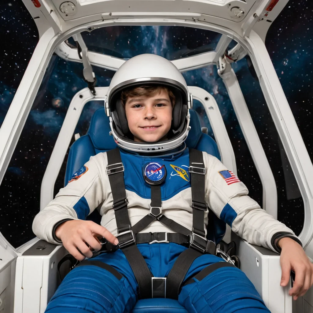 a teenage boy is experiencing g forcesstrap in his seat for the ride wearing a space suit and helmet inside a spaceship
