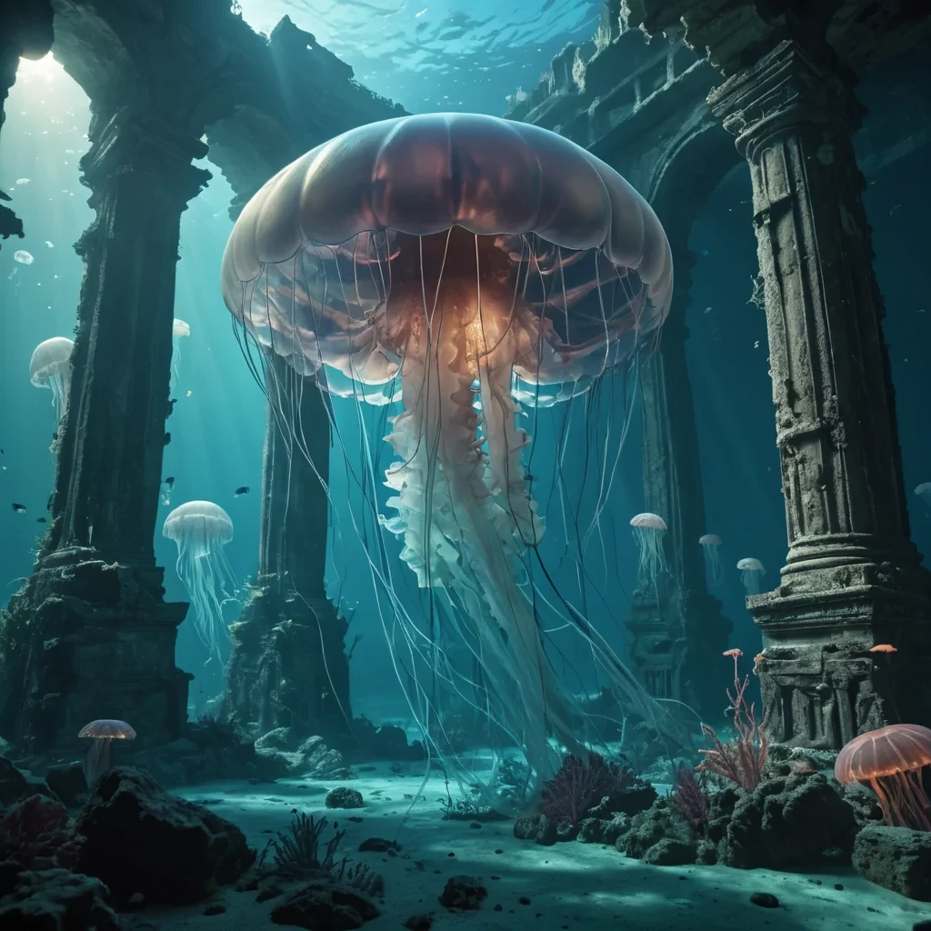A hyperrealistic, ancient underwater city, teeming with bioluminescent flora and fauna, as a colossal, ethereal jellyfish drifts lazily through the ruins, casting dynamic, otherworldly shadows, 4K, cinematic lighting.
