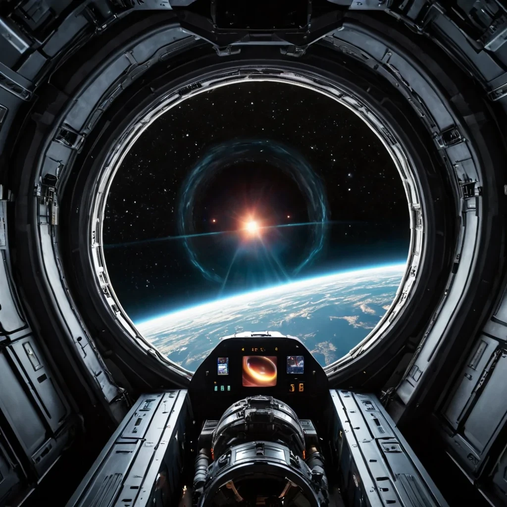 looking forward from the inside of a spaceship approaching a blackhole.