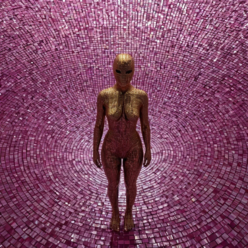 A highresolution, lowangle photograph of a solitary, humanoid figure standing in the center of a circular, shallow pool of viscous, opaque magenta liquid that reflects the sky above with perfect mirror clarity. The figure is not human but an intricate assemblage of hundreds of flat, rectangular, translucent glass tiles, each etched with microscopic, glowing gold circuitry that pulses in a synchronized, wavelike rhythm from head to toe. The figures head is tilted upward, face obscured by a smooth, seamless, matte white spherical mask that lacks any facial features, save for two small, vertical, slits of intense, cold white light where eyes would be. Surrounding the pool, the ground is composed of a dense, uniform carpet of tiny