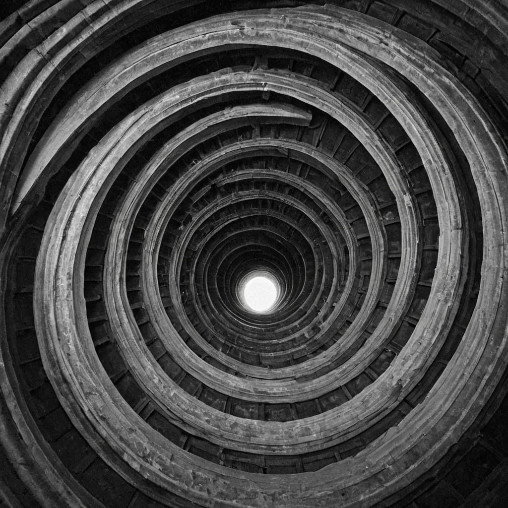 A single, selfsiphoning vortex of solidified silence, shaped like a 29dimensional Mbius toroid of inverted resonance and unformed stillness, rotates at the center of a vast, inverted cathedral built from the petrified echoes of a civilization that measured existence through the duration of synchronized, silent breaths held just before the first word was ever spoken. The vortex does not absorbit unlistens, each spiral unraveling a layer of auditory potential that never coalesced into a shared whisper, reforming into ephemeral, amethystthreaded afterimages shaped like the negative space between two ears that never tilted in the same moment of mutual anticipation. The cathedral is not sacredit is a stratified expanse of compressed