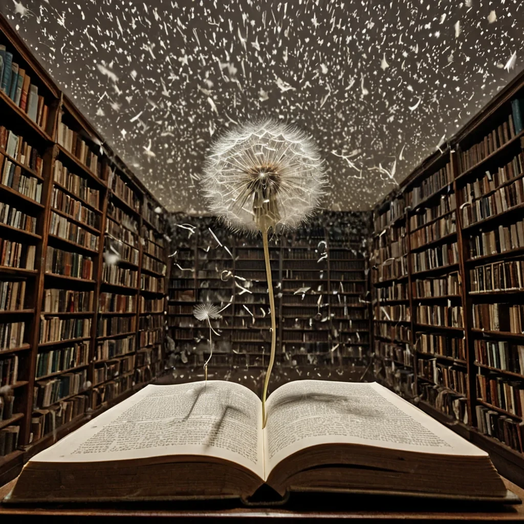 A single, selfreflecting dandelion seed floats suspended in the center of a vast, still library built entirely from folded sheets of forgotten paper, each page not inked but etched with the faint, thermal afterimage of a breath exhaled in a language composed of rustling leaves. The seed does not driftit pulses, its delicate filaments unfurling not into wind, but into a slowmotion cascade of microconstellations that spell out the name of a city that was never named, each star forming from the residue of a sigh whispered into a silence that never ended. The library walls are not woodthey are layered membranes of solidified air, each shelf carved from the compressed echo of a lullaby sung in