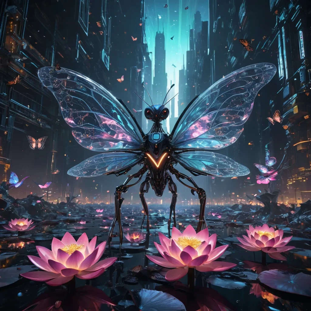 An ethereal, colossal, crystalline lotus blooms from the heart of a vast, undulating, obsidian plain, its petals unfurling to reveal a labyrinthine, neonlit city within. Suspended within the lotus stamen, a holographic, sentient, mechanical swarm of butterflies dances, casting ephemeral shadows on the citys inhabitants sentient, robotic, avian creatures. Rendered in ultra HD, with volumetric lighting, atmospheric effects, and vibrant colors, evoking a sense of surreal, otherworldly wonder.